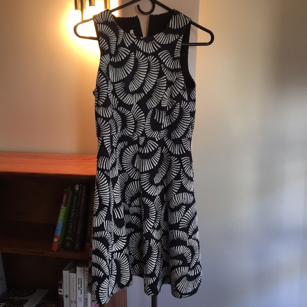 Navy fit and flare dress with shell pattern